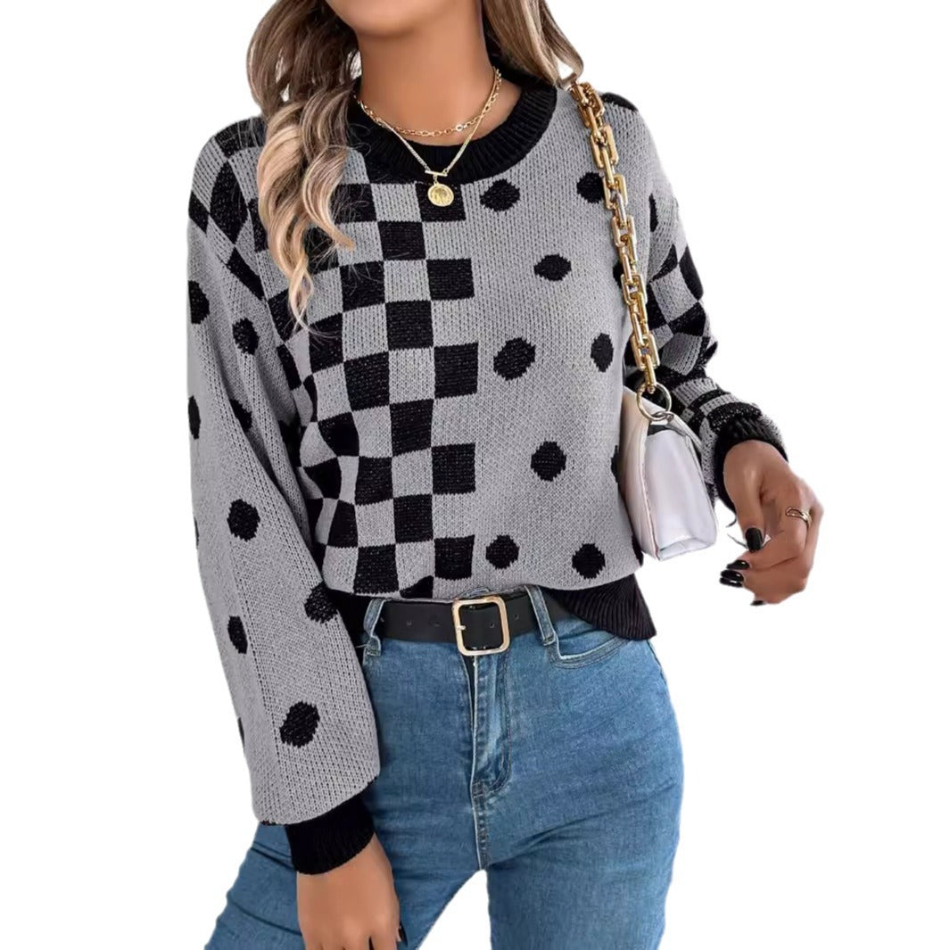 Casual contrasting polka dot checkered lantern sleeve sweater