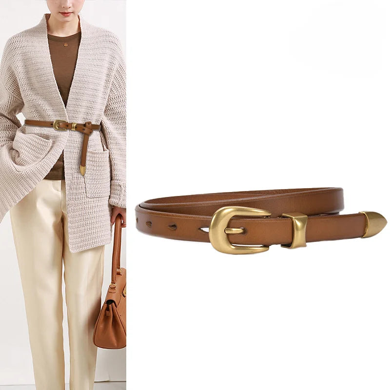 High-grade Gold Vintage Button Leather Top Belt