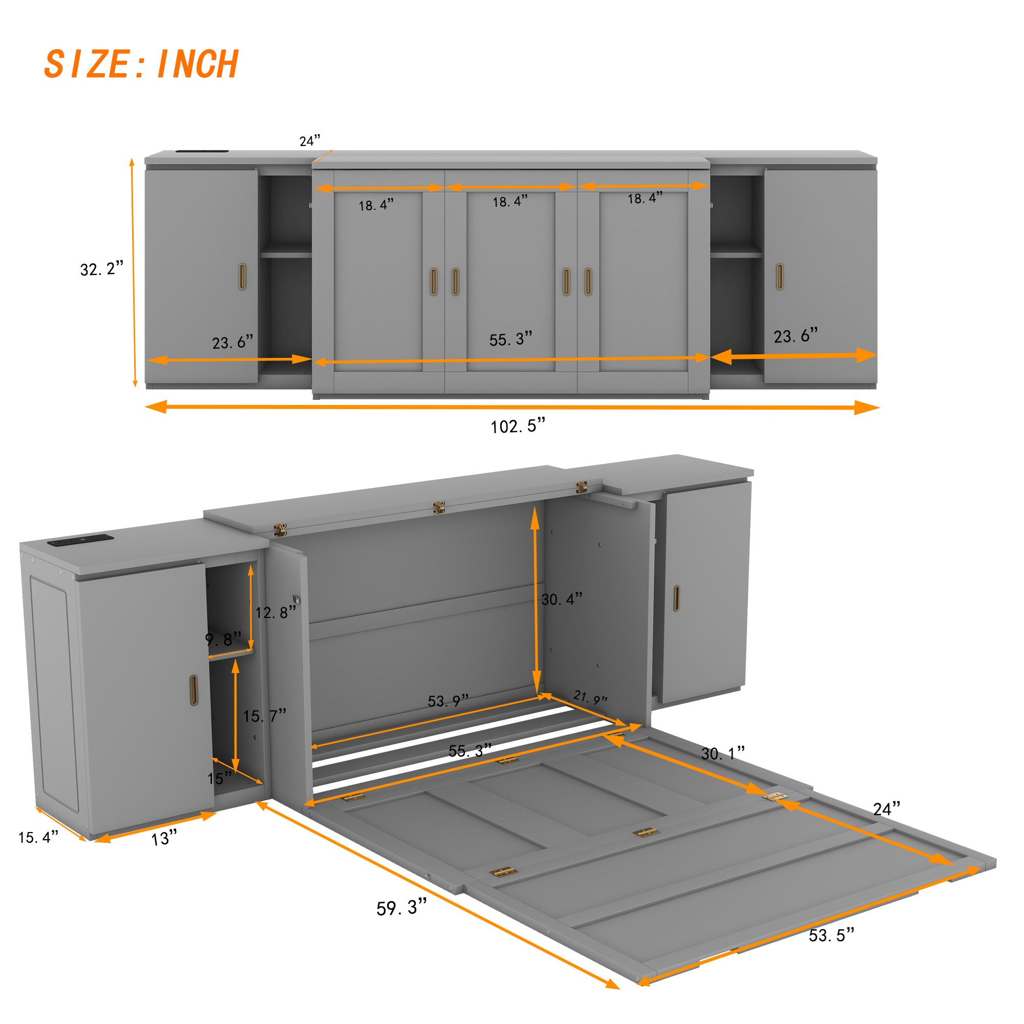 Full Size Murphy Bed with Shelves, Cabinets and USB Ports,Gray