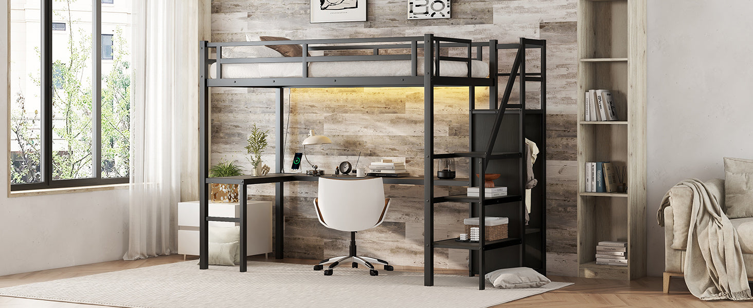 Twin XL loft bed with L-shaped desk and USB, metal loft bed with wardrobe and adjustable shelf, LED loft bed, black