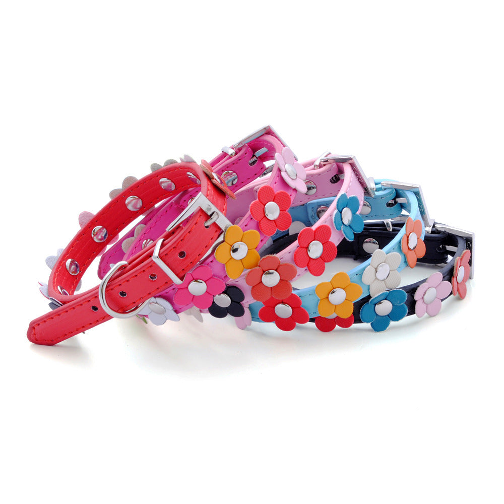 PU Pet Collar Colorful Flower Dog Belt A Row Of Small Flower Dog Collar Pet Supplies Dog Chain