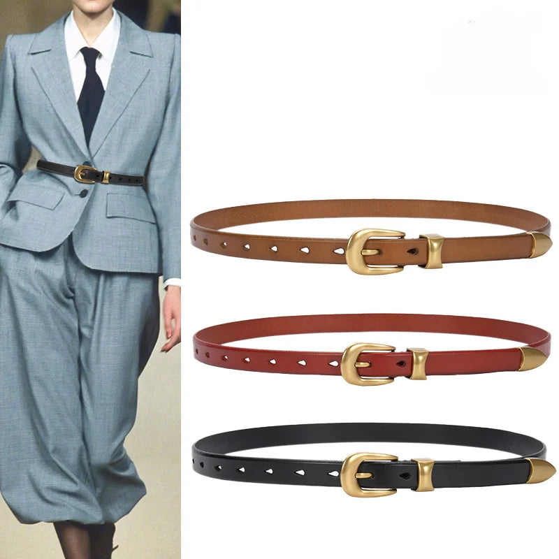 High-grade Gold Vintage Button Leather Top Belt