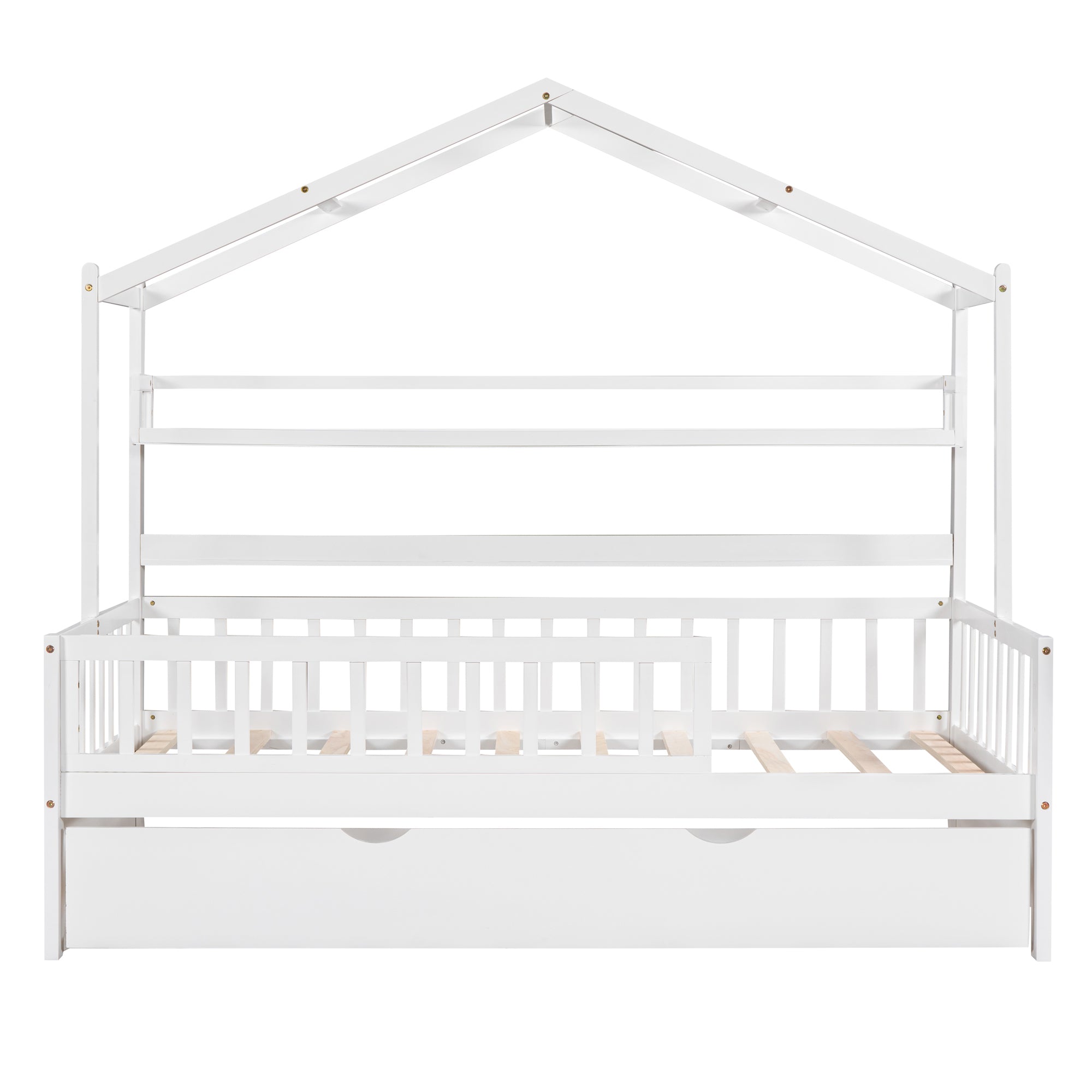 Wooden Twin Size House Bed with Trundle Kids Bed with Shelf White