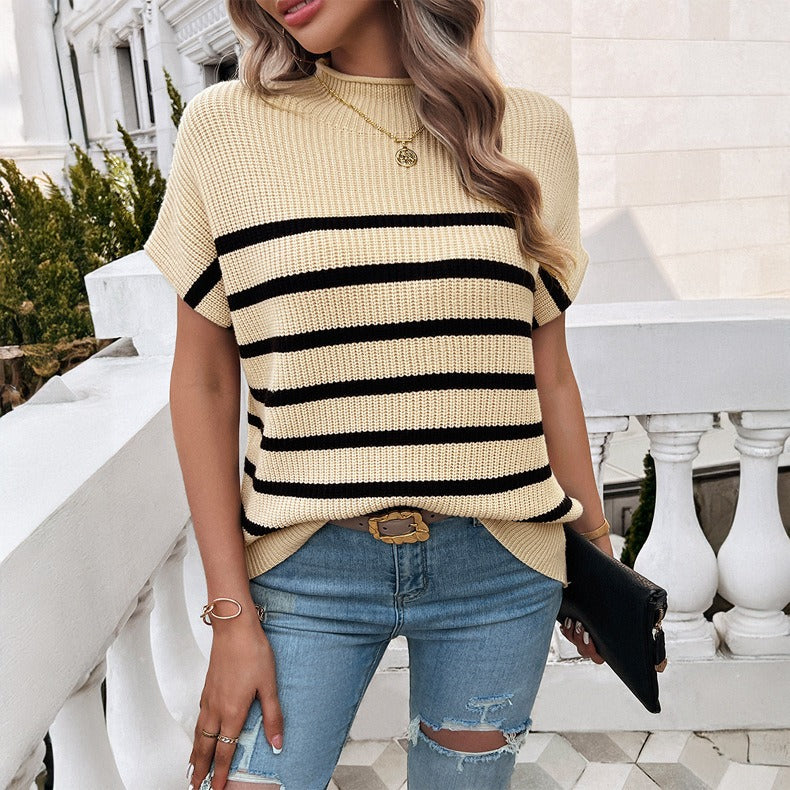 Spring and summer foreign trade women's clothing color contrast temperament pullover short sleeved sweater