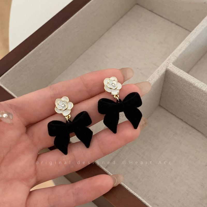 Floral Bowtie Camellia Earrings for Women in Autumn and Winter