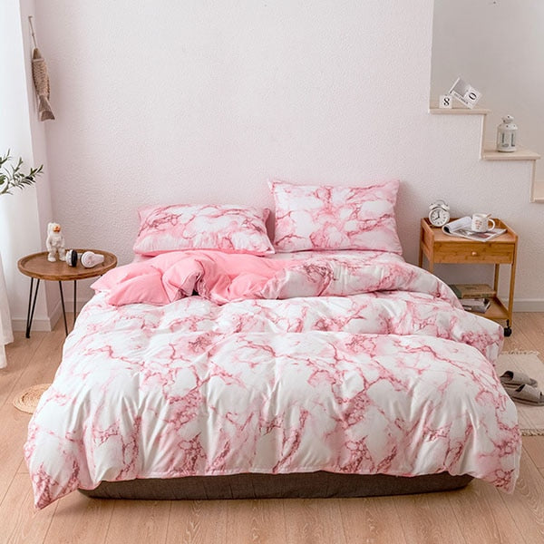 The Bedroom Bedding Is A Comfortable White Marble Pattern Printed Duvet Cover (2/3 Piece Set)