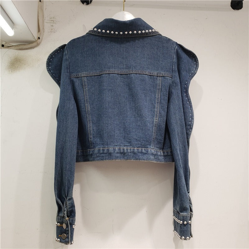 Spring Women Rivet Beaded Diamonds Slim Short Jeans Jacket Lapel Long Sleeve Single-breasted Blue Black Denim Jackets Streetwear