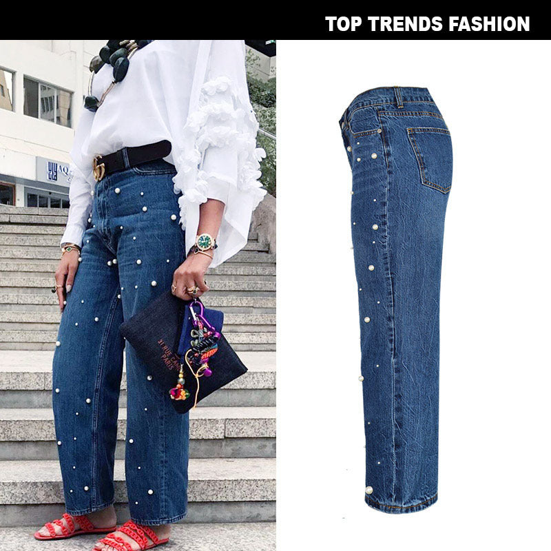 Women's High Waist Straight Loose Wide Leg Denim Flared Trousers Pearl Studded Pull Up Jeans