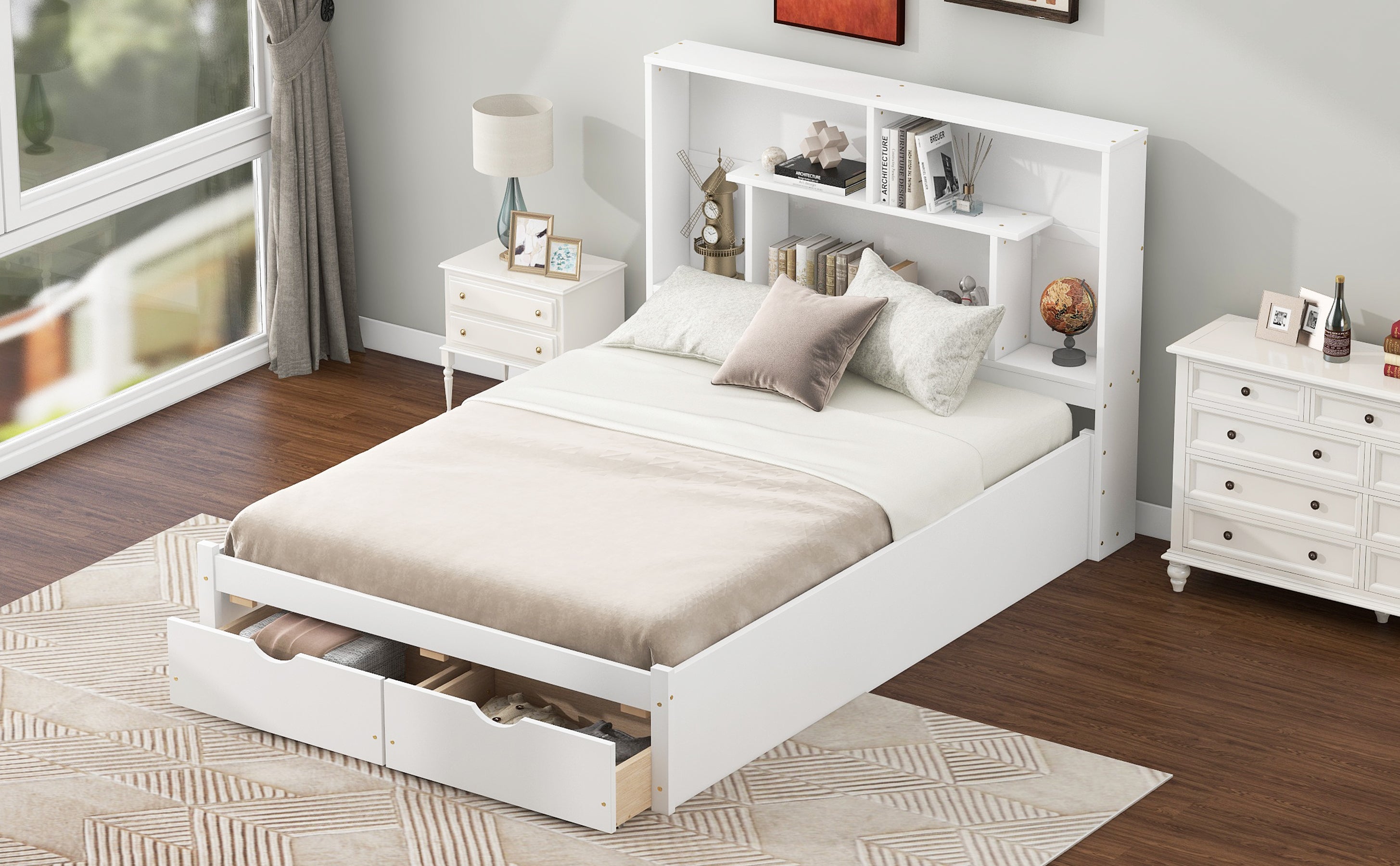 Cama de plataforma de tamaño completo con cabecera con espacio de almacenamiento y 2 cajones, color blanco