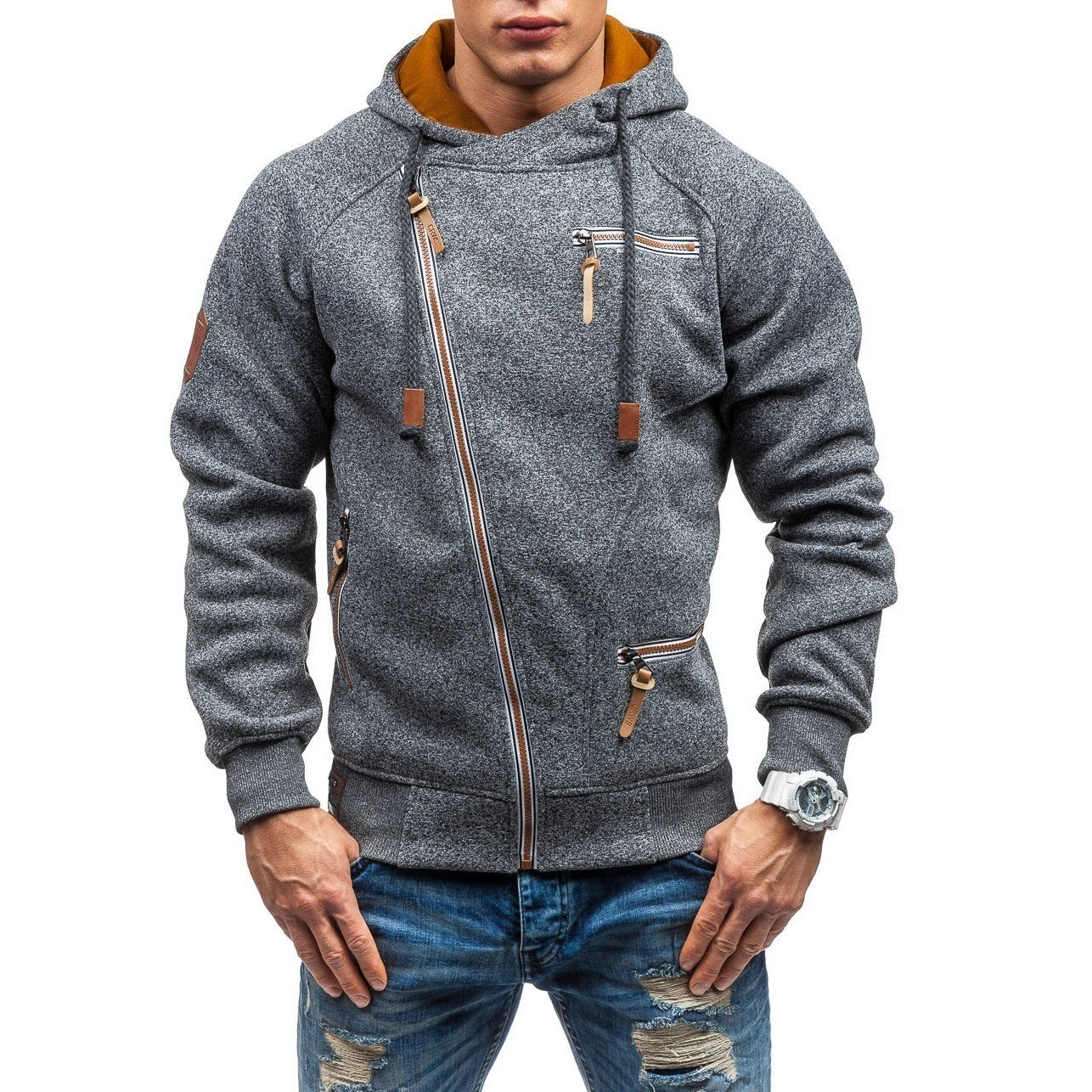 Pull à capuche en gaze avec fermeture éclair latérale pour hommes 