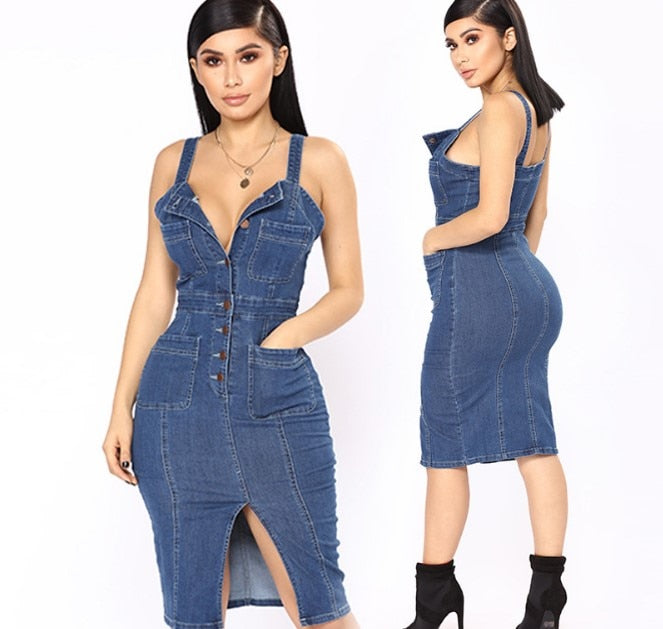 Vestidos vaqueros sin mangas con tirantes finos sexis para mujer, ropa para mujer, vestido de fiesta de una sola botonadura con abertura para mujer