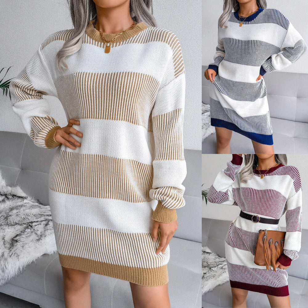 Autumn And Winter New Striped Casual Loose Sweater Dress Knitted Dress