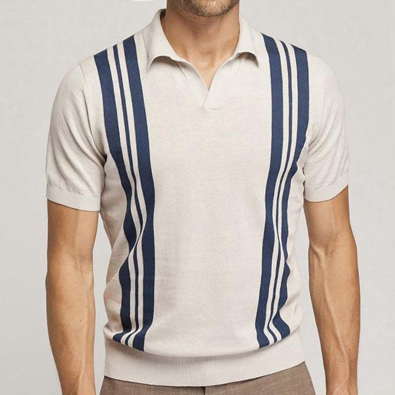 Suéter de punto de manga corta a rayas, corte ajustado, camisa tipo polo informal con solapa 