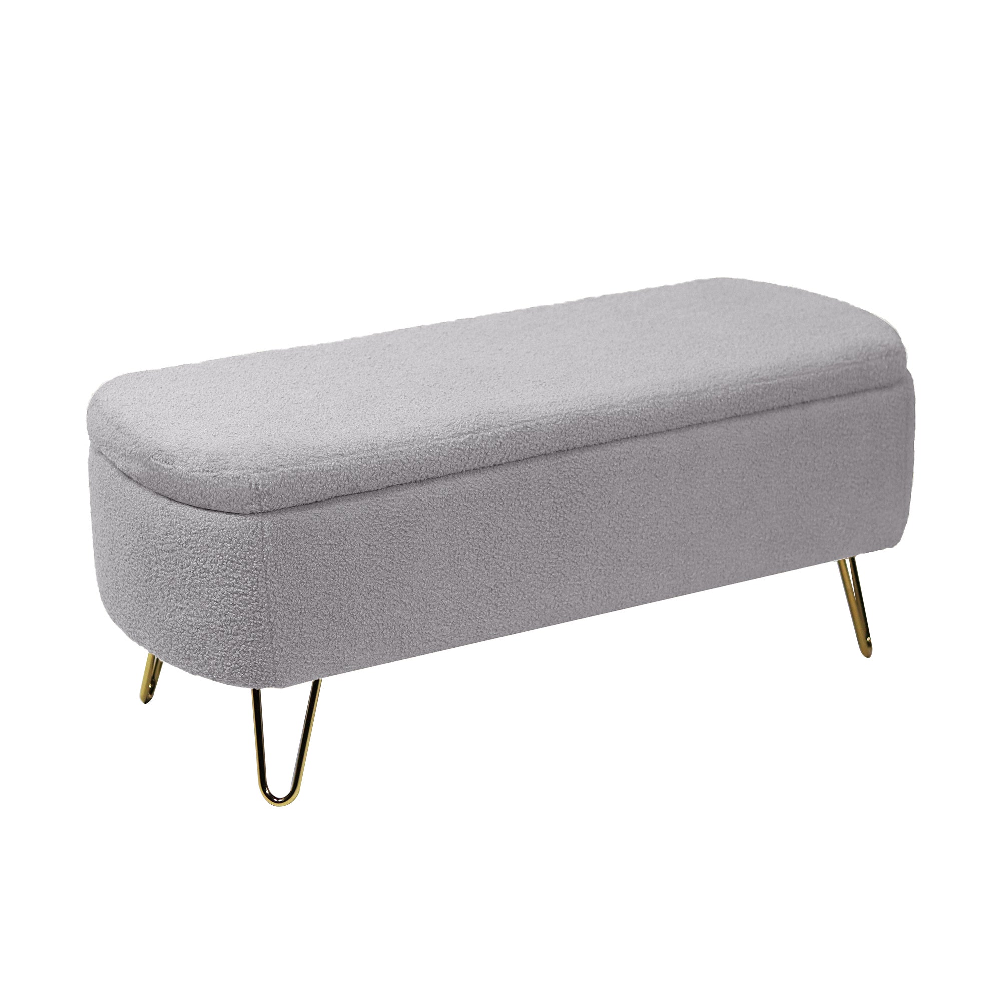 Banc ottoman de rangement gris pour bout de lit avec pieds dorés Banc d'entrée moderne en fausse fourrure grise