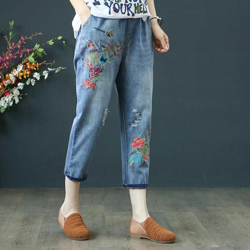 Summer Womens Jeans Denim Retro Embroidery Drawstring Holes Loose Comfort Casual Cowboy Female Seven Plus Size Women pants