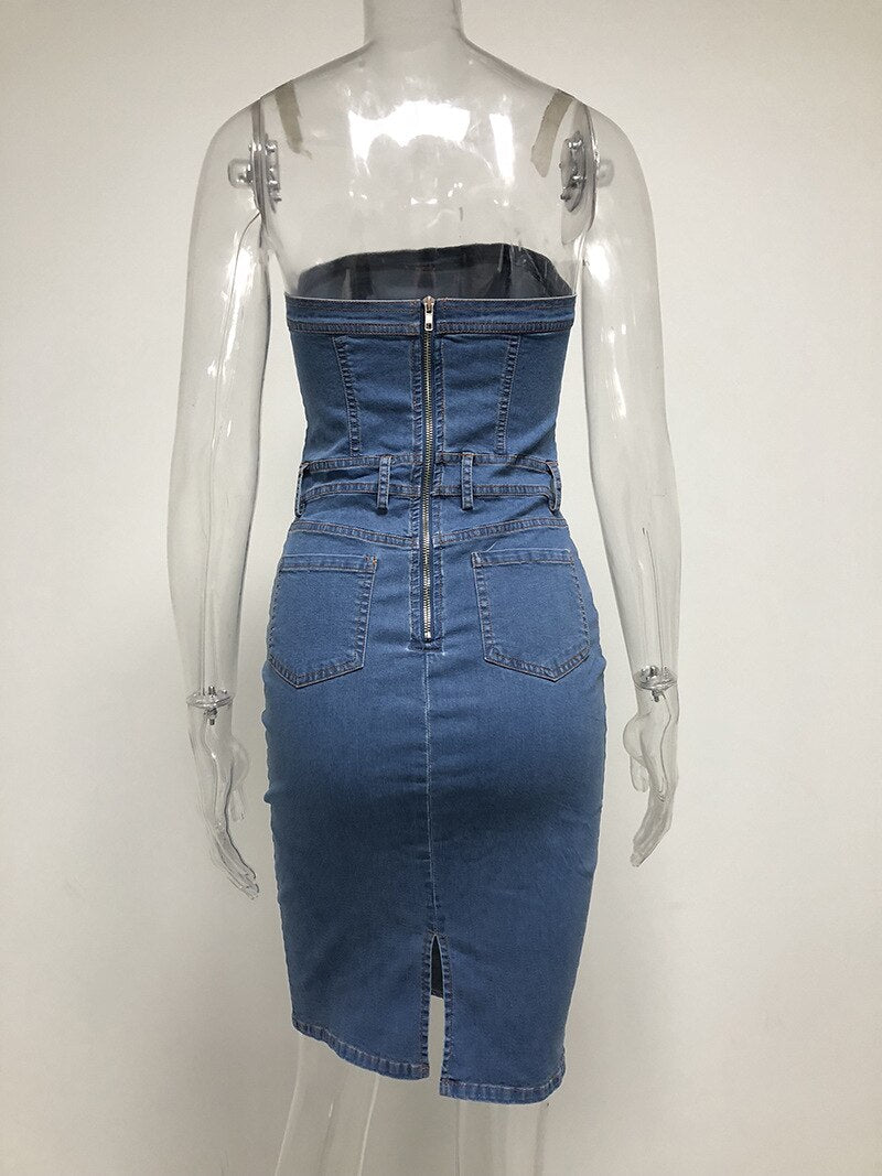 Women Denim Dress Slash Neck Strapless Elegant Bodycon Dress Sexy Blue Sleeveless Club Party Dress Vestidos Jeans Summer Dresses