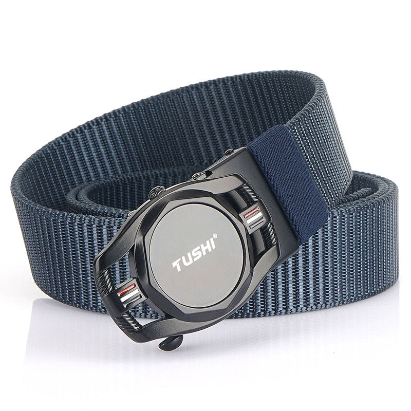 Ceinture automatique en cuir pour homme avec boucle en alliage sans dents et nylon tressé