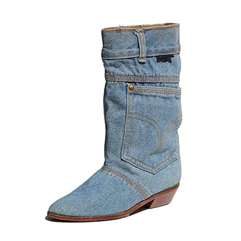 Low Heel Denim Casual Denim Boot Ladies Autumn Winter Cowboy Boots