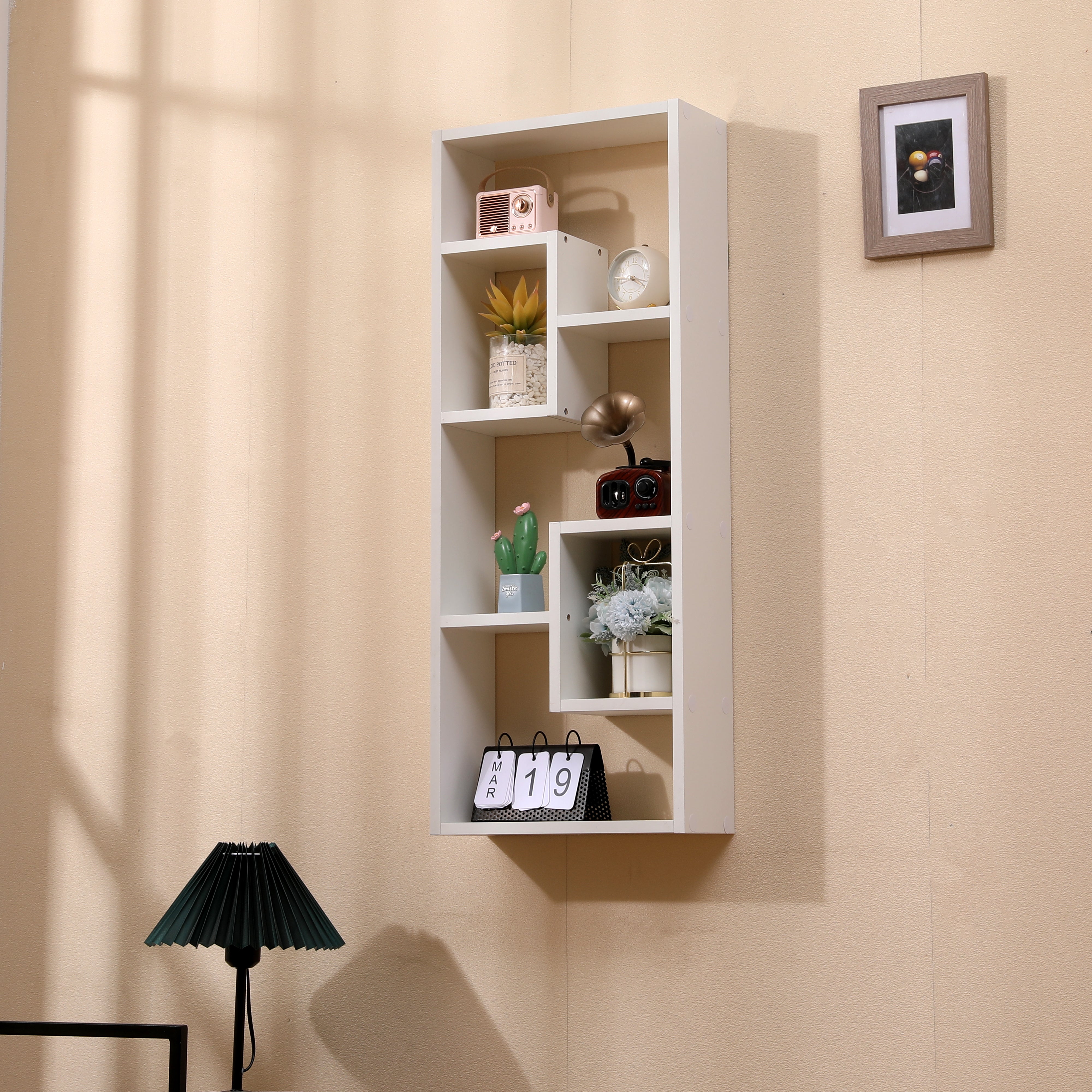 Bibliothèque, bibliothèque ouverte en bois autoportante avec 5 cubes, avec 2 cintres à trou de serrure, rangement rectangulaire pour décoration de bureau à domicile