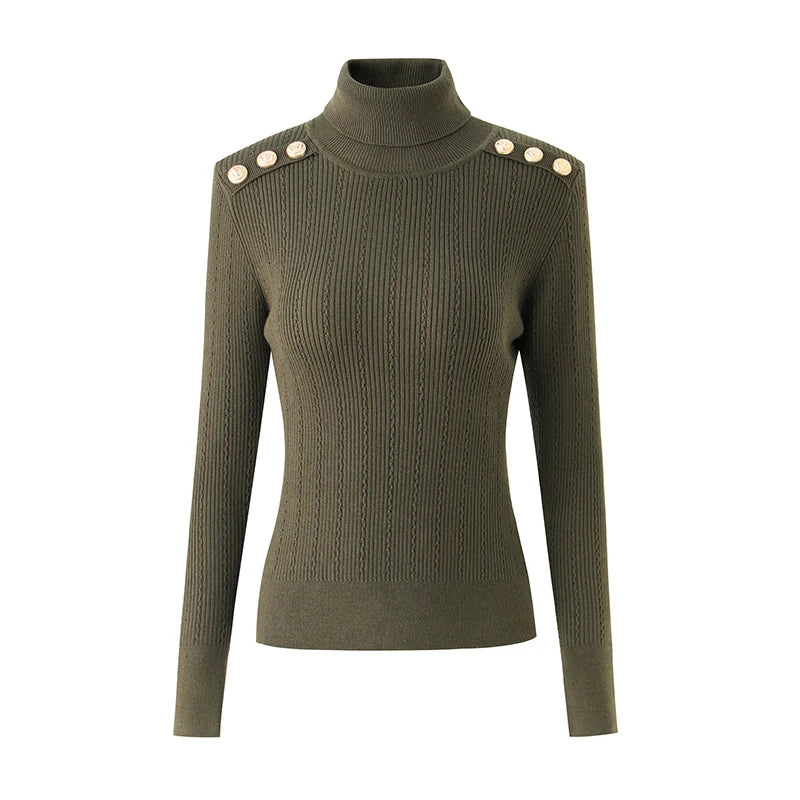 New Classic Turtlenecks Pullovers Long Sleeve Gold Buckle Sweater Women Winter Fall Casual Elasticity Knitting Top