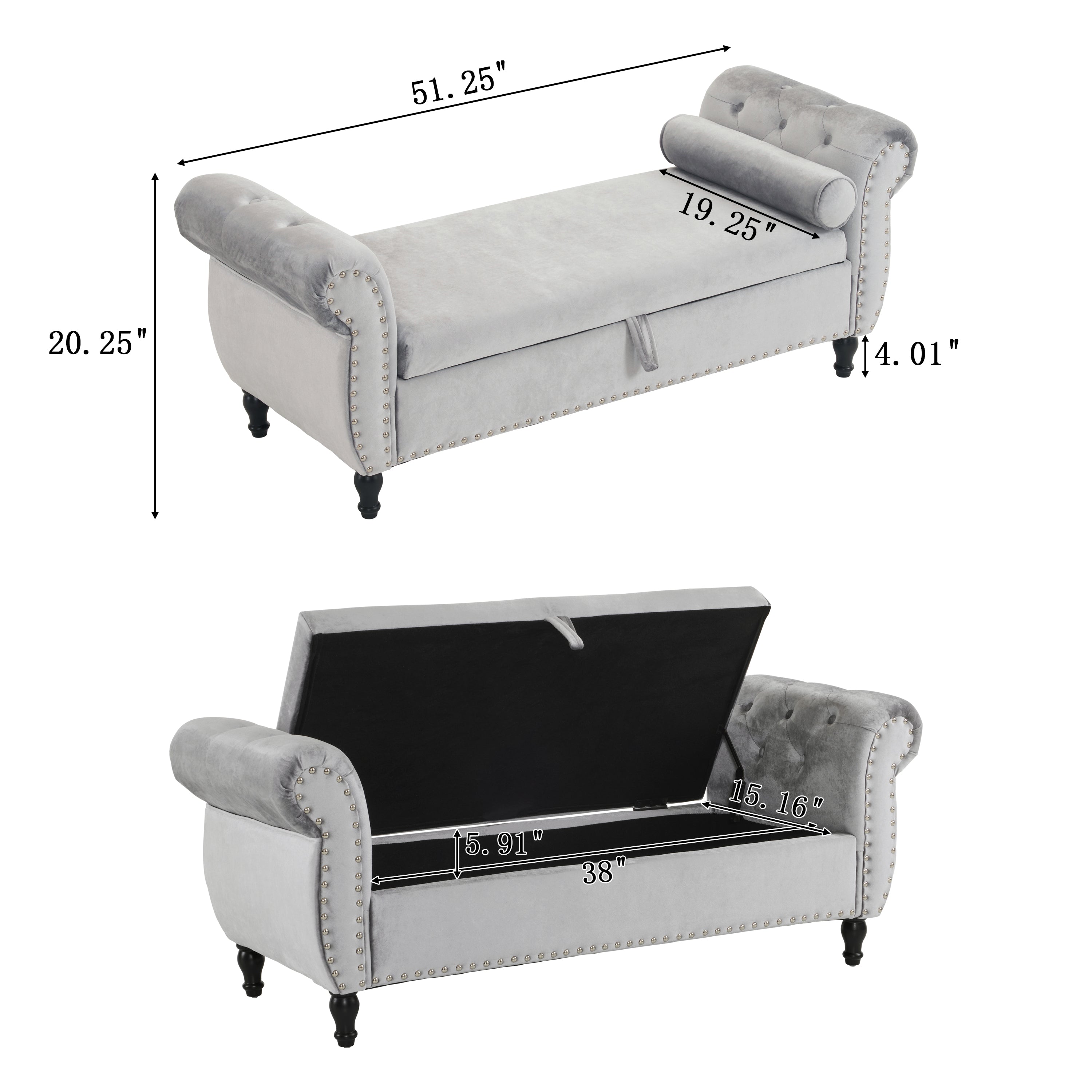 Grey Velvet Multifunctional Storage Rectangular Ottoman Bench