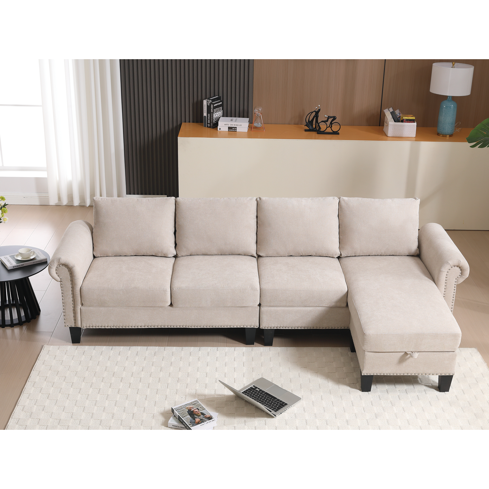 Convertible Sectional Sofa with Storage,L-shaped sofa,Four-seater sofa,Modern Linen Fabric Sectional Couches Beige