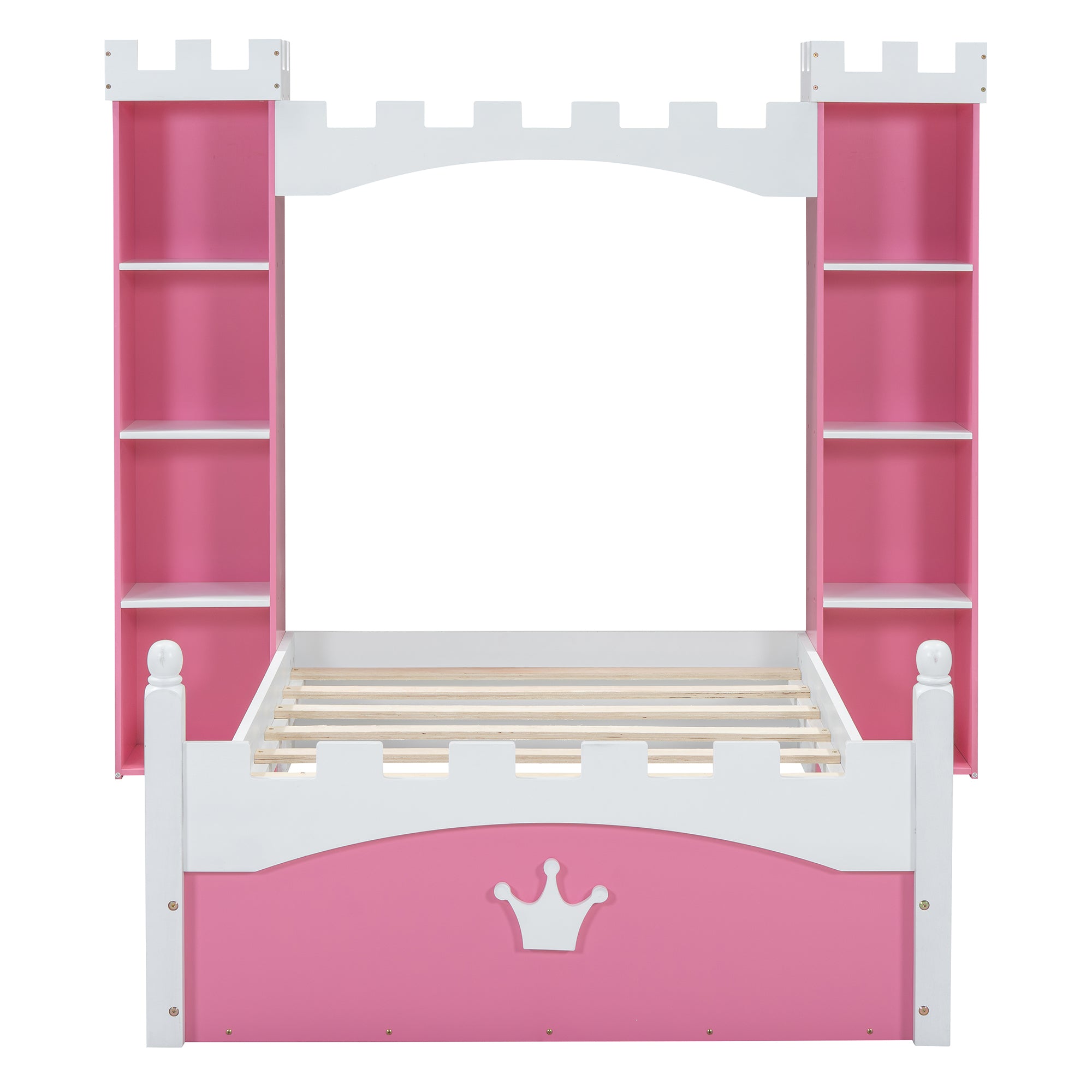 Cama de madera en forma de castillo con estante de almacenamiento, cama de plataforma de tamaño doble de ensueño para dormitorio infantil, rosa y blanco