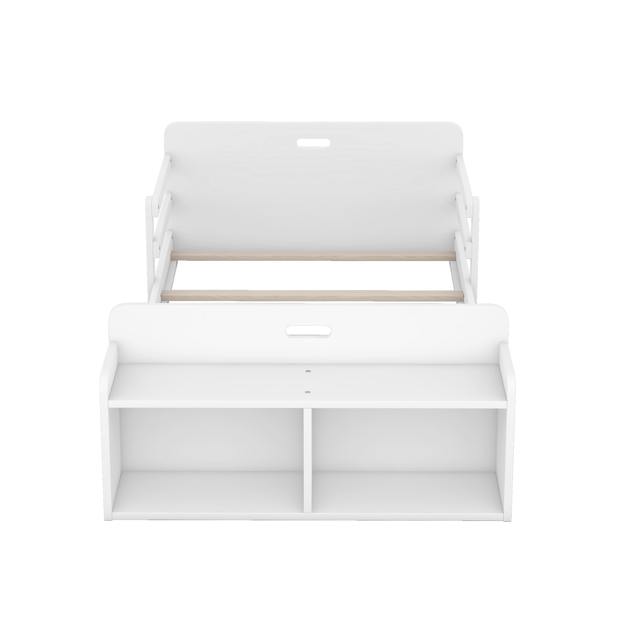 Twin Size Floor Bed with Storage Footboard and Guardrail, White