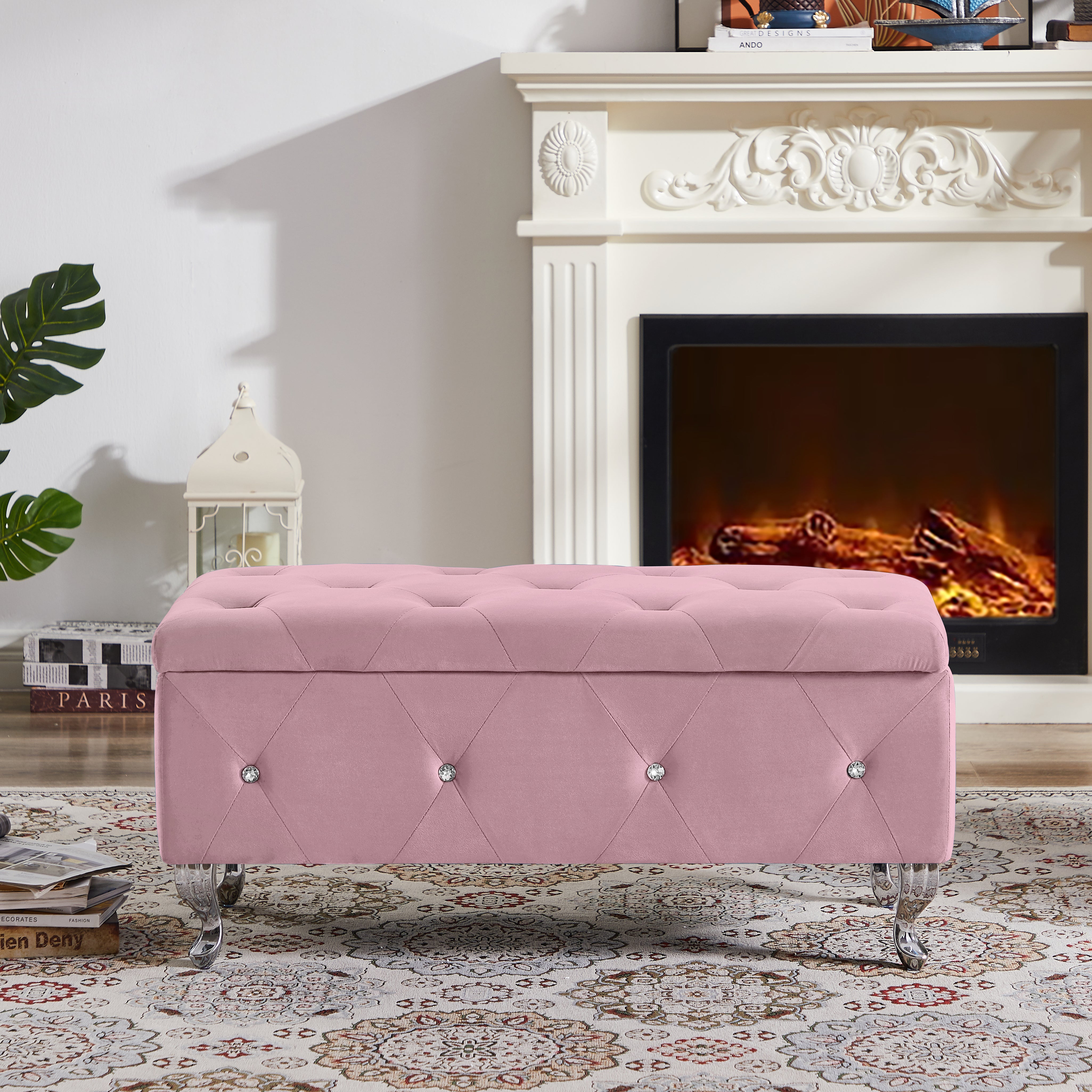 Pink Velvet Storage Flip Top Entryway Bench Seat