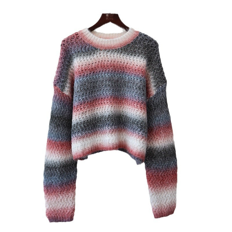 Round neck gradient striped knitted sweater top with loose and soft texture design, sweater pullover for women