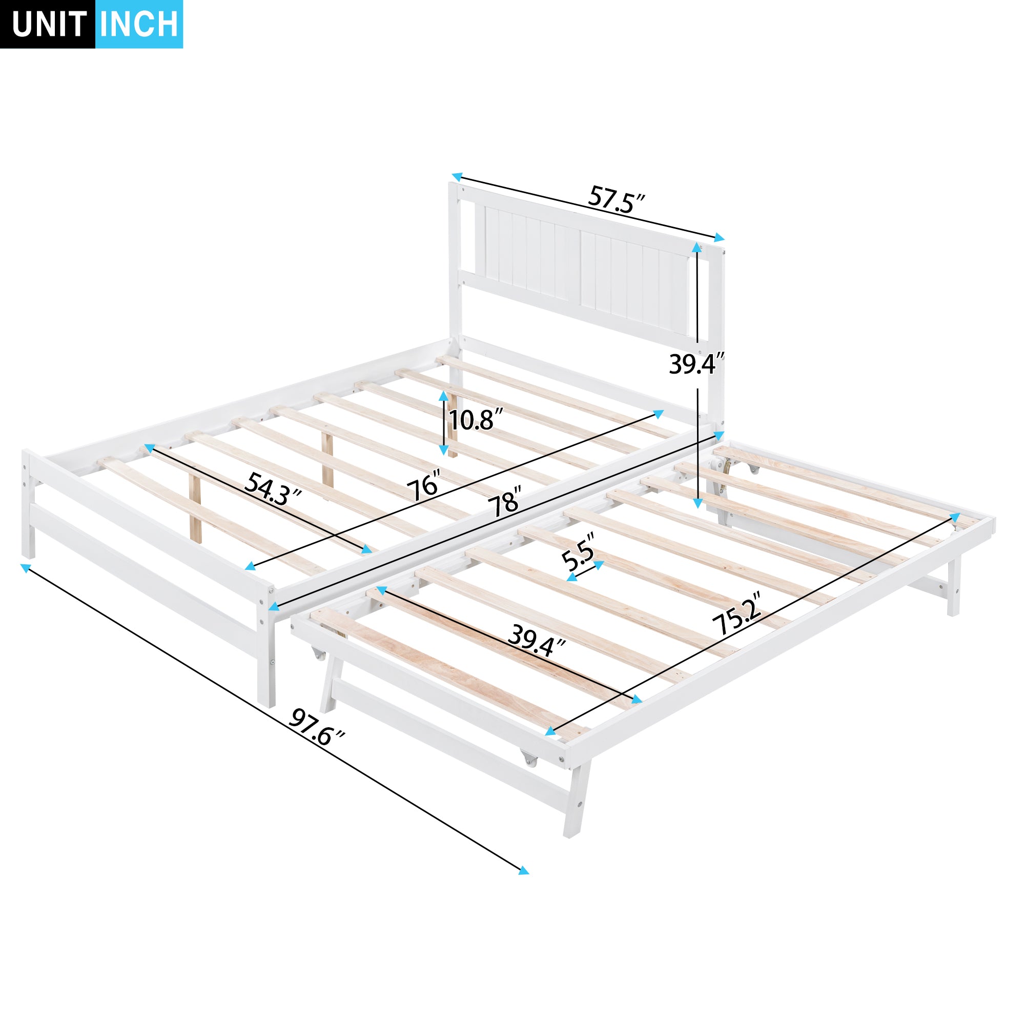 Full Size Platform Bed with Adjustable Trundle White