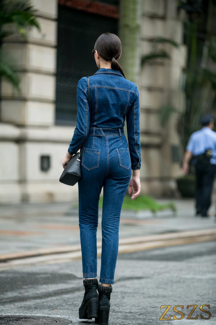 Denim Jumpsuit women Hight Waist Front Zipper Denim Overalls Playsuits Female Long Sleeve Turn Down Collar Jeans Rompers