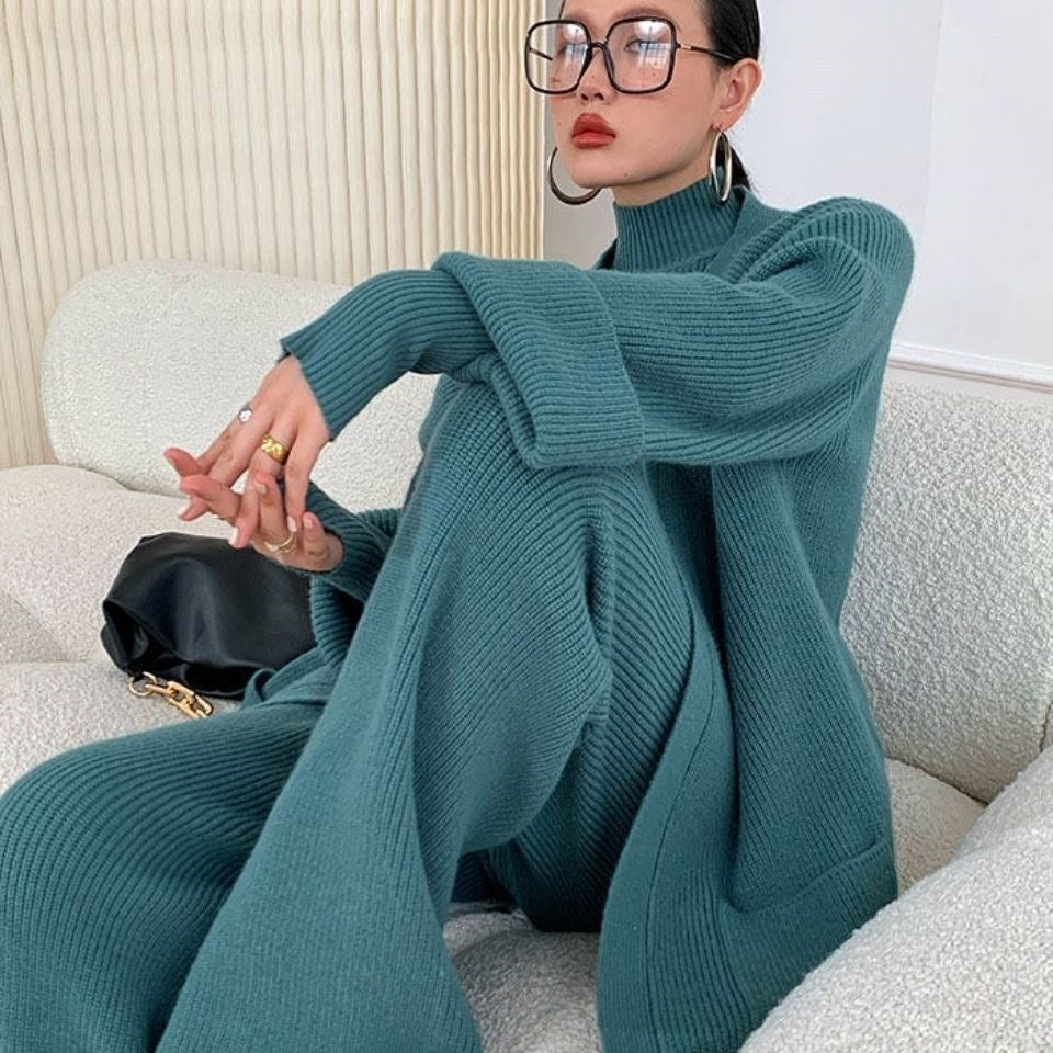 Autumn And Winter Suit Female Celebrity Temperament Turtleneck Sweater Wide Leg Pants Sweater Jacket Slimming Three-Piece Set