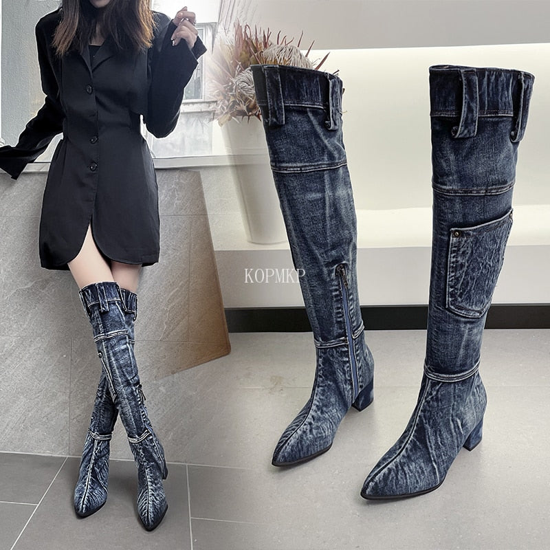 Sexy Jean Boots Women's Knee-High Boot Zipper 6CM High Heel Woman Stylish Jeans Boots Ladies Denim Boot Female Shoes Cowboy