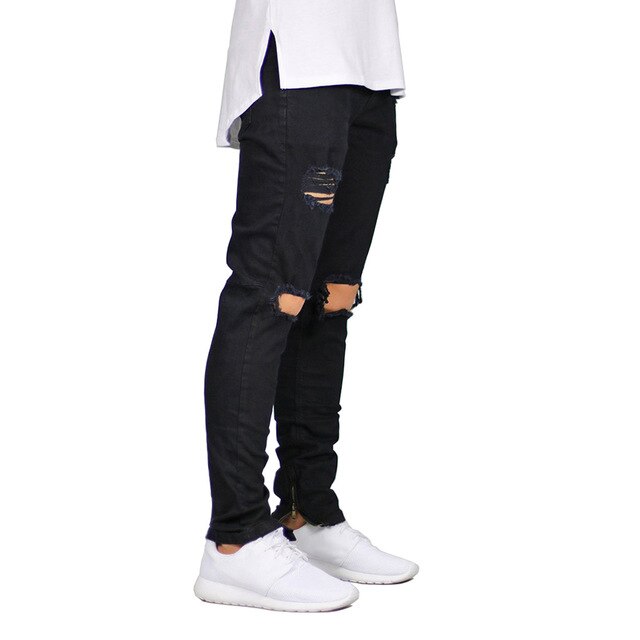 Men Destroyed Ripped Design Ankle Zipper Skinny Jeans