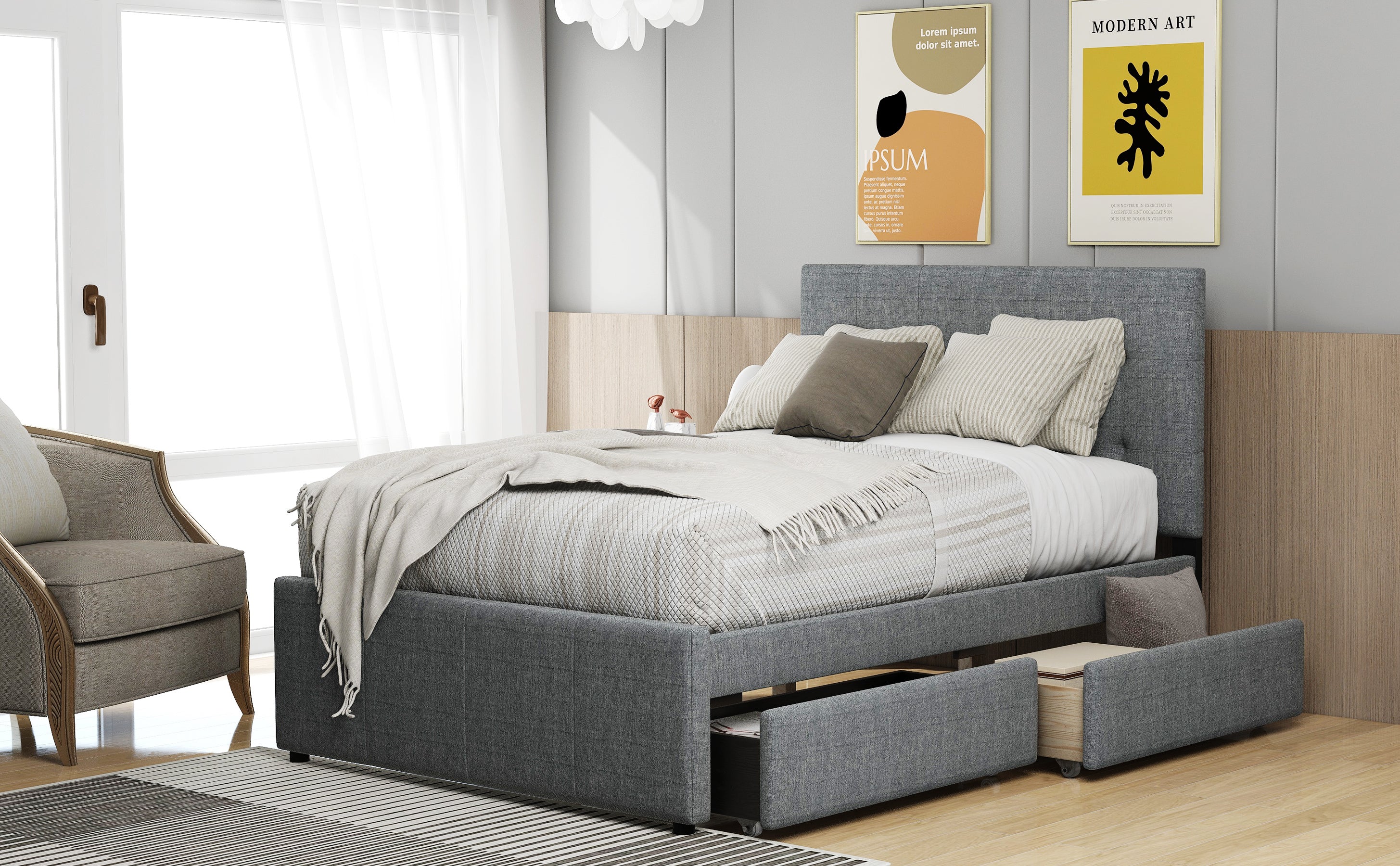 Linen Upholstered Platform Bed With Headboard and Two Drawers Full