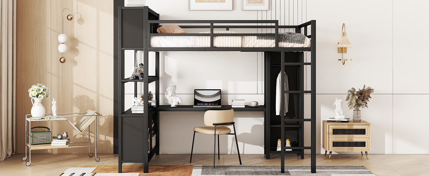 Metal loft bed with wardrobe and L-shaped desk, full-size loft bed with storage cabinet and shelf, heavy-duty loft bed, black