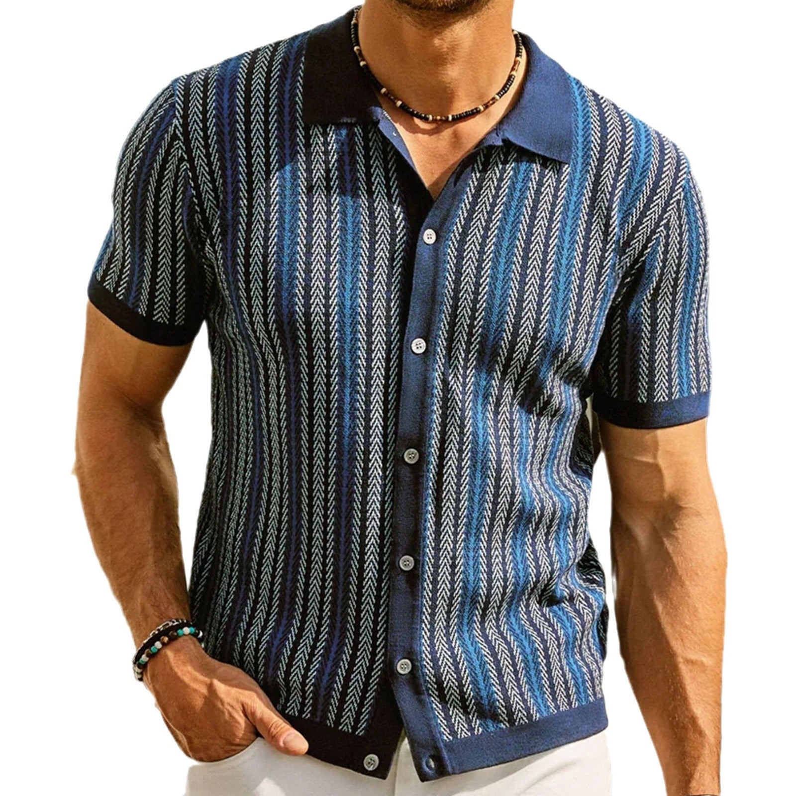 Pull tricoté à manches courtes, nouveau polo d'affaires rayé en jacquard