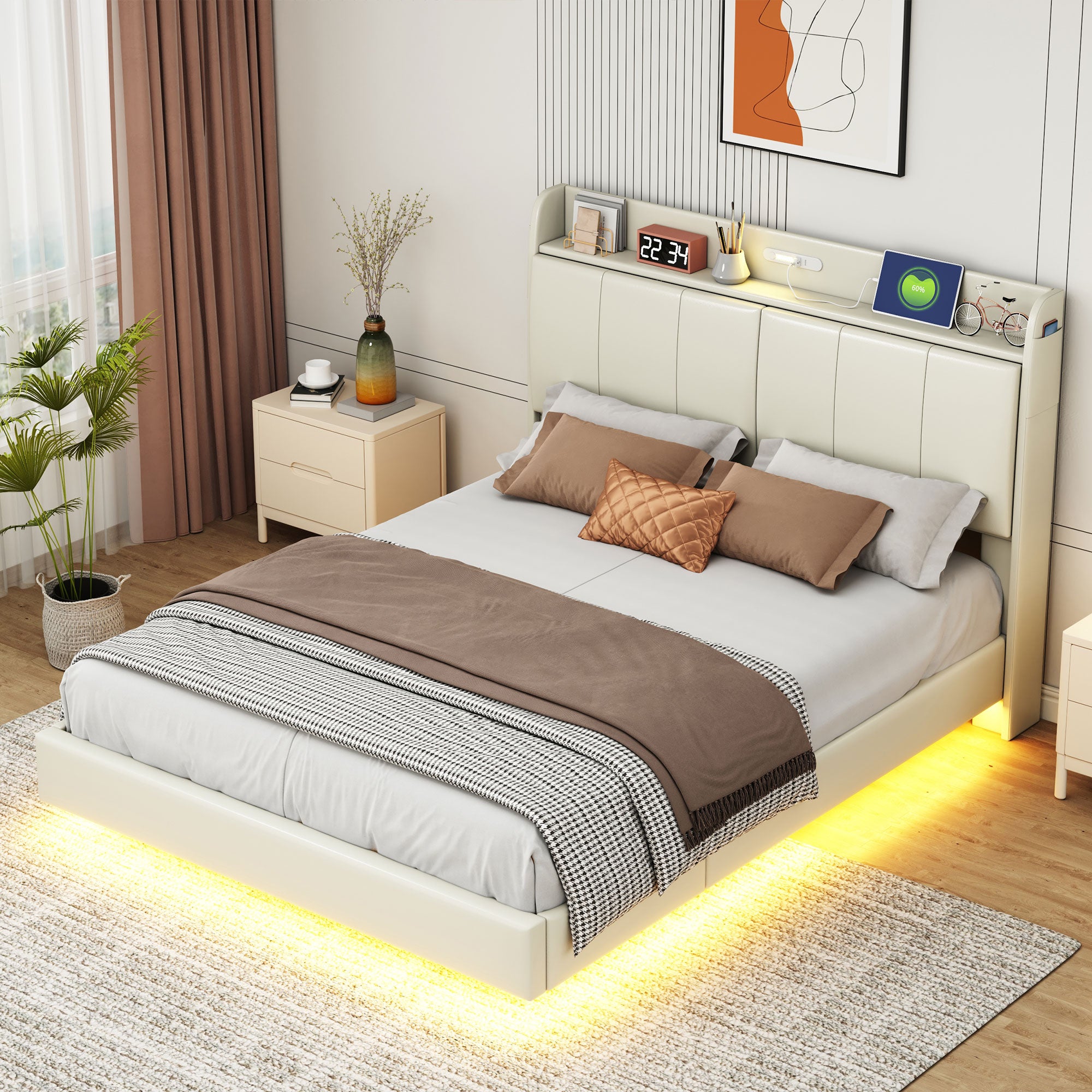 Grand cadre de lit flottant avec tête de lit de rangement, capteur tactile, veilleuse et chargeur USB, lit plateforme rembourré, couleur beige