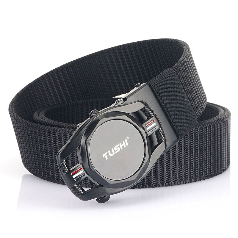 Automatic Men's Leather Toothless Alloy Buckle Nylon Braided Belt