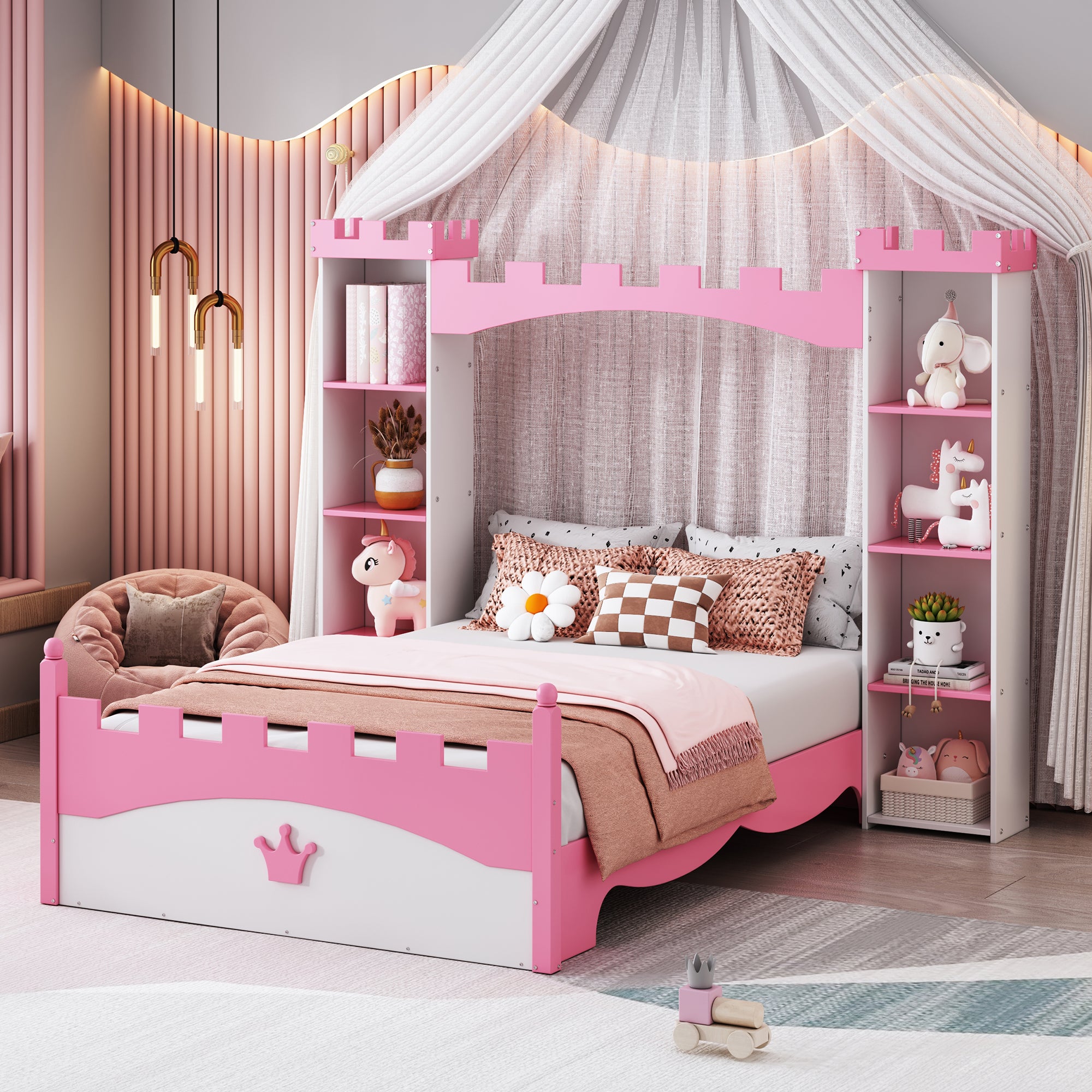 Castle-Shaped Wooden Bed with Storage Shelf, Dreamy Twin Size Platform Bed for Kids Bedroom, White + Pink