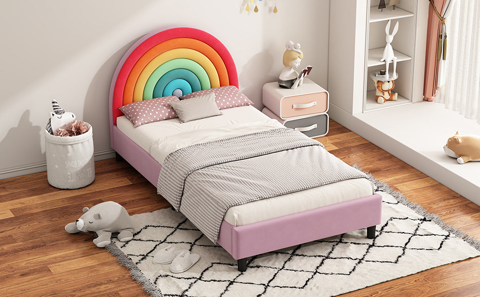 Lit plateforme double rembourré au design arc-en-ciel Lit princesse de style mignon pour garçons et filles, adolescents, coloré et rose