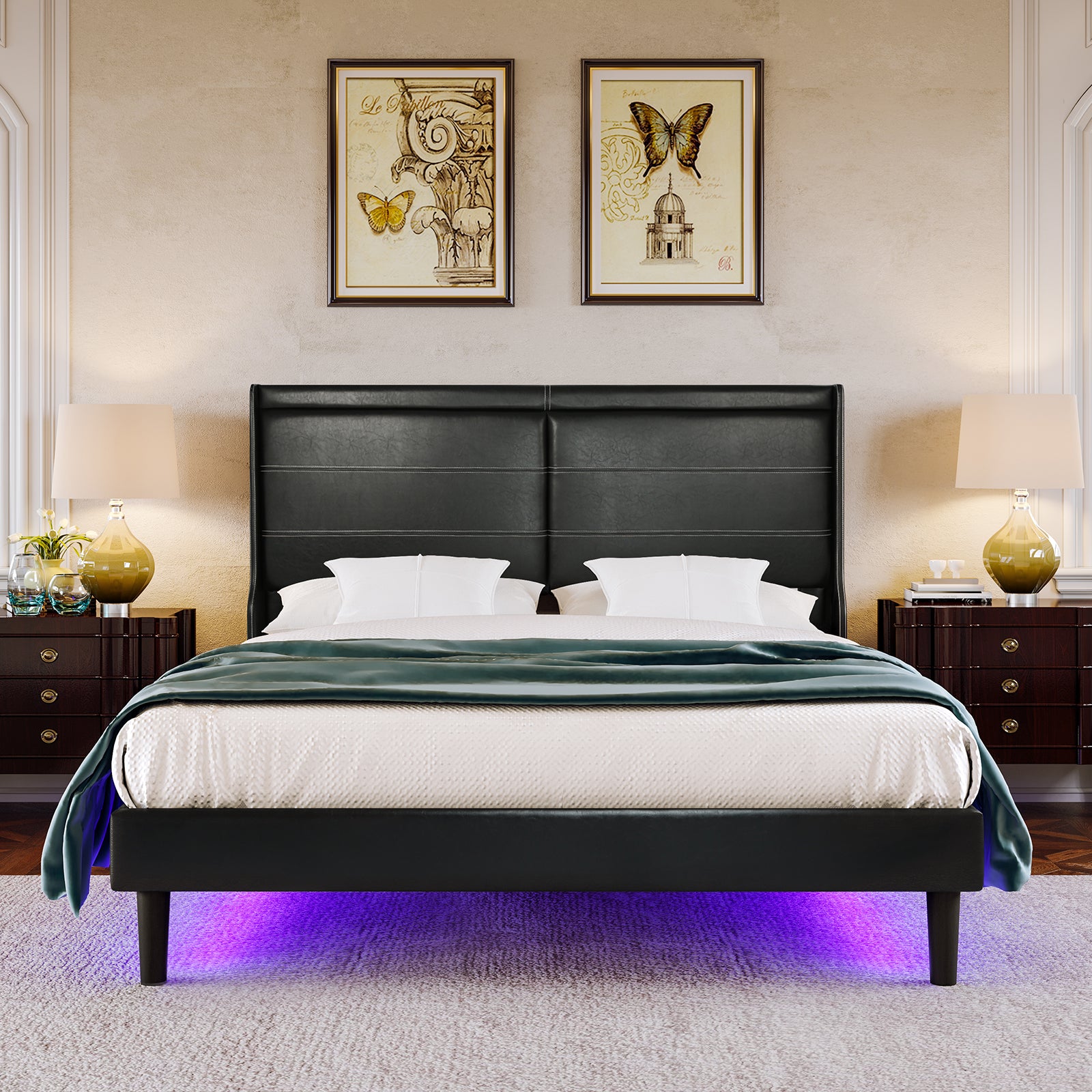 Elegante cama tamaño queen con plataforma tapizada en cuero sintético color negro