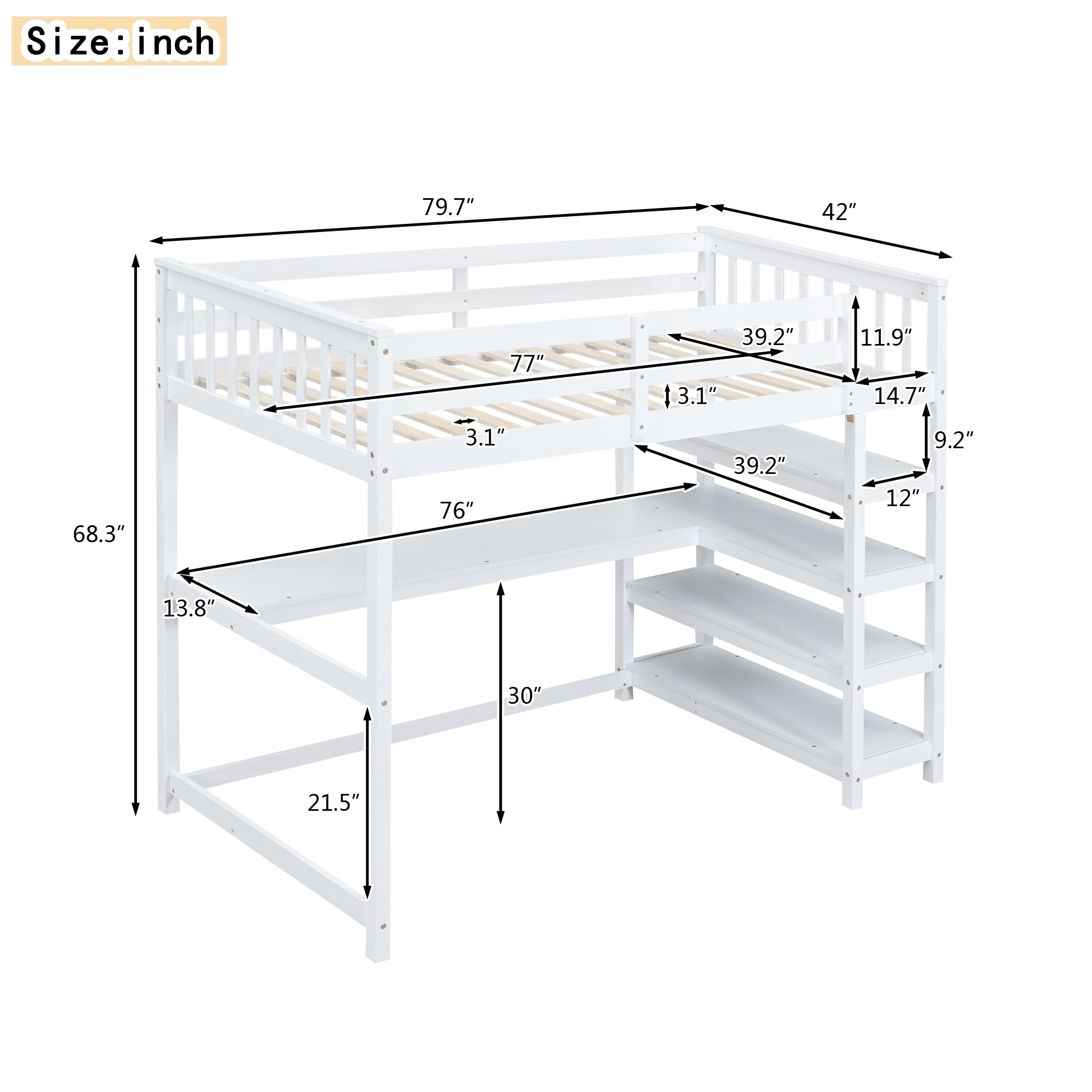 Twin Size Loft Bed with Storage Shelves and Under-bed Desk  White