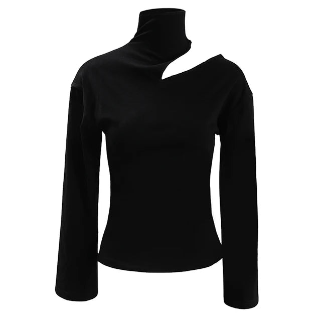 Cut and hollow black half high neck slim fit knitted sweater top for women's pullover