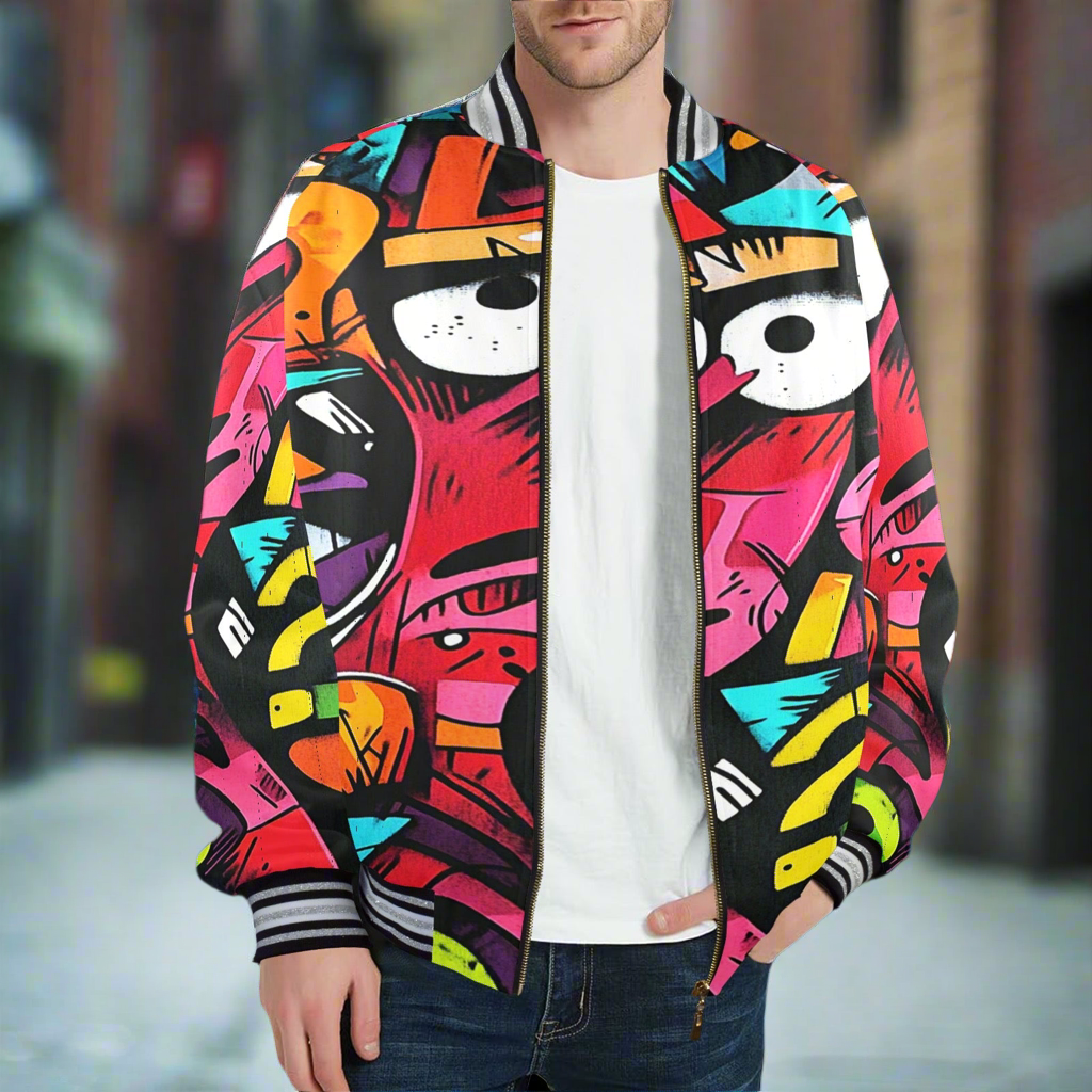 Qreatrz Graffiti Print Men's Striped Trim Bomber Jacket