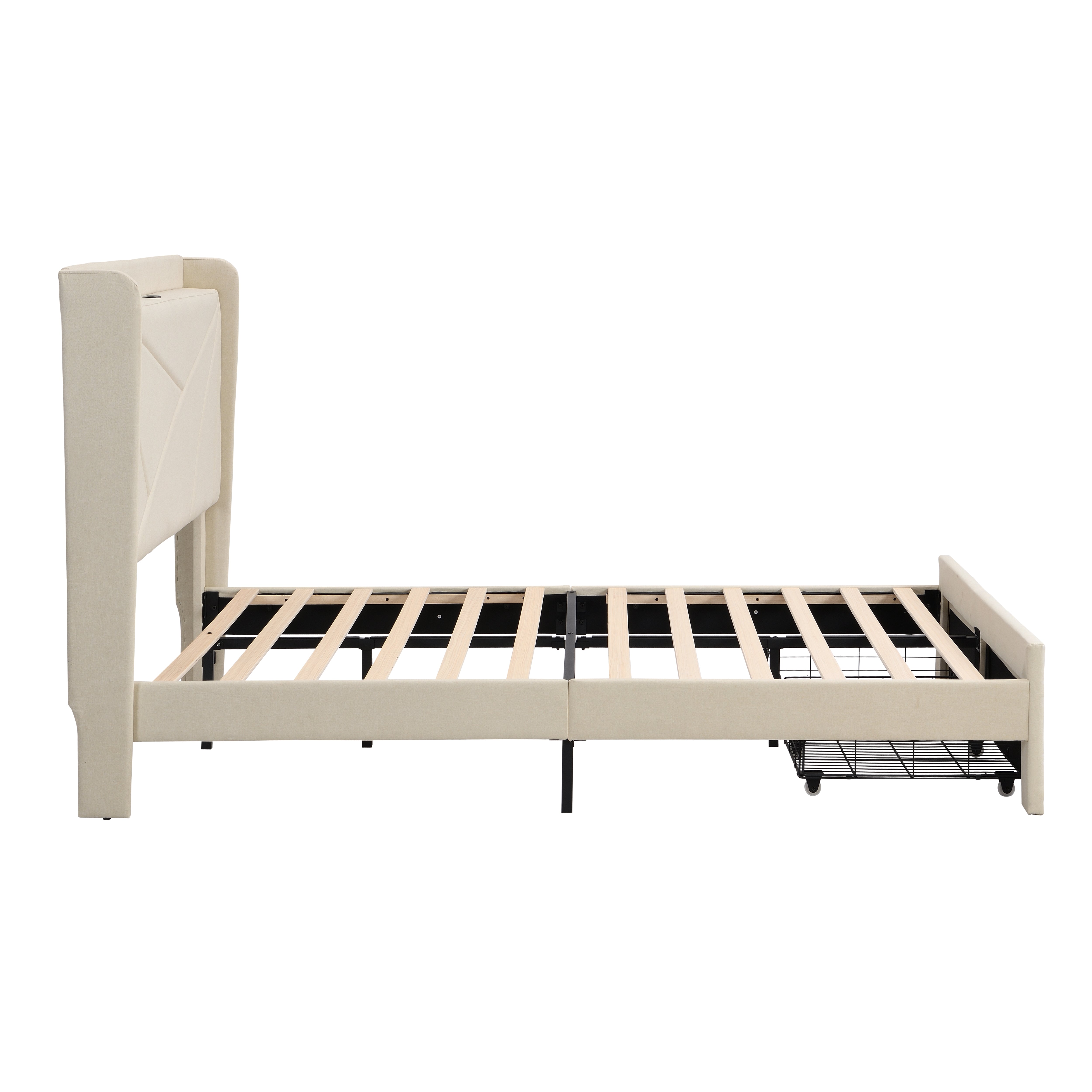 Full Size Bed Frame with 2 Storage Drawers Upholstered Bed Frame Beige