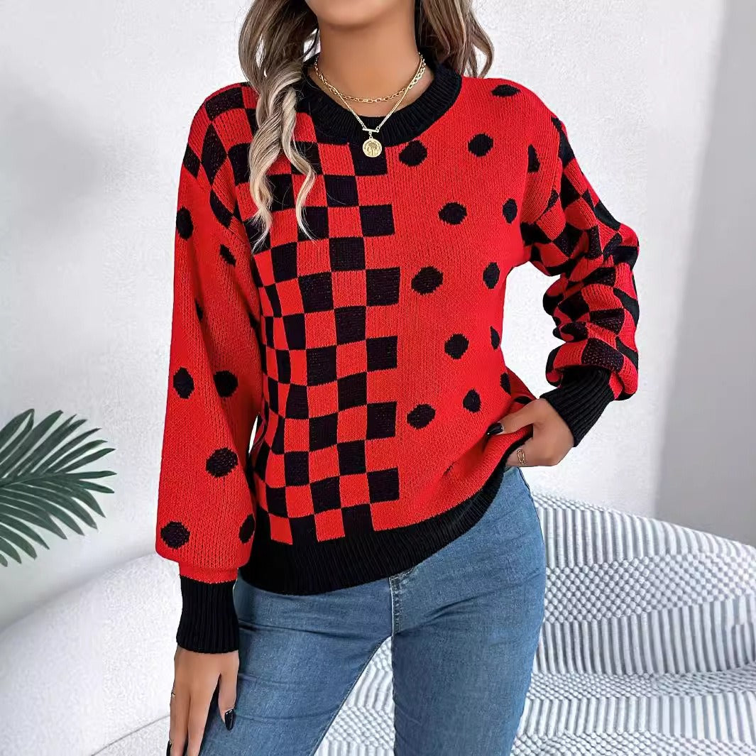 Casual contrasting polka dot checkered lantern sleeve sweater