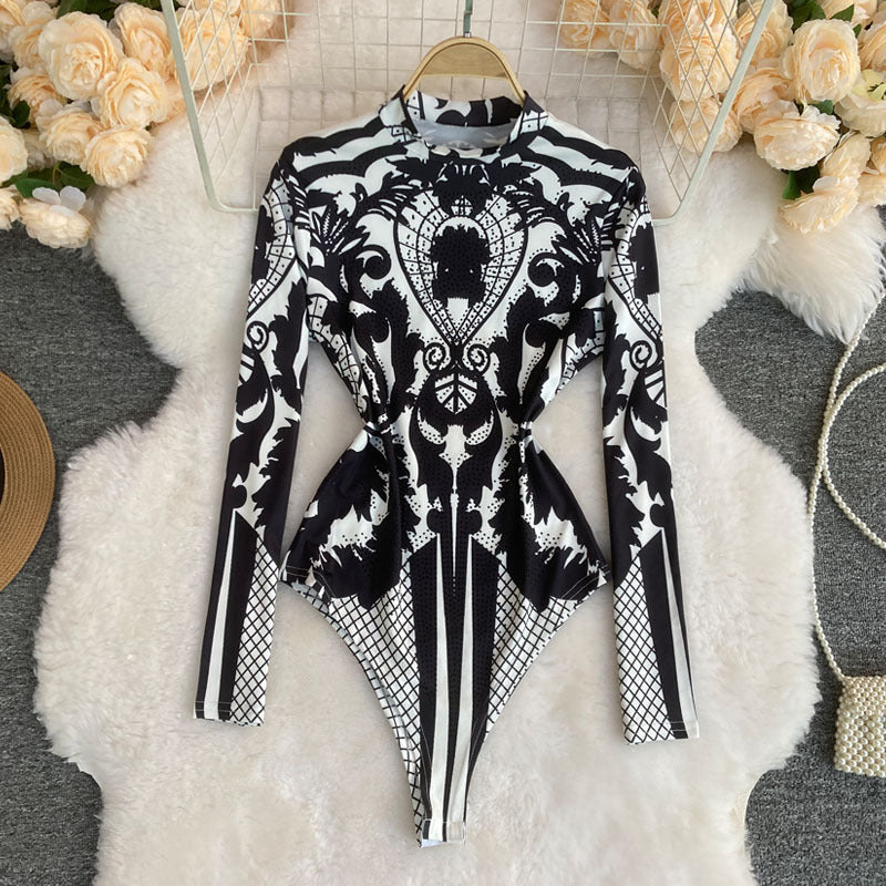 Printed One Piece Top Sexy Slim Standing Collar Bottoming Bodysuit Women