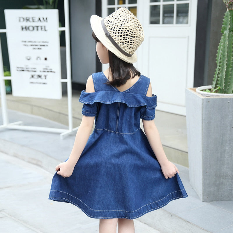 Girls Denim Dresses for Children Jean Clothes Casual Dress Blue Short Sleeve Jeans